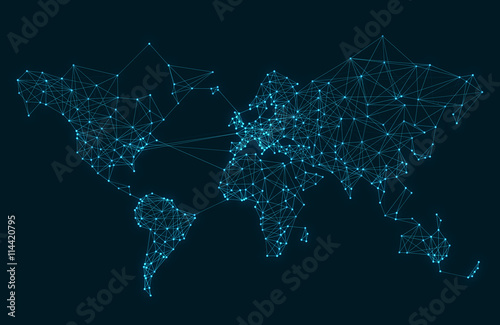 Obraz na płótnie Mapa świata telekomunikacji streszczenie z koła, linie i gradienty