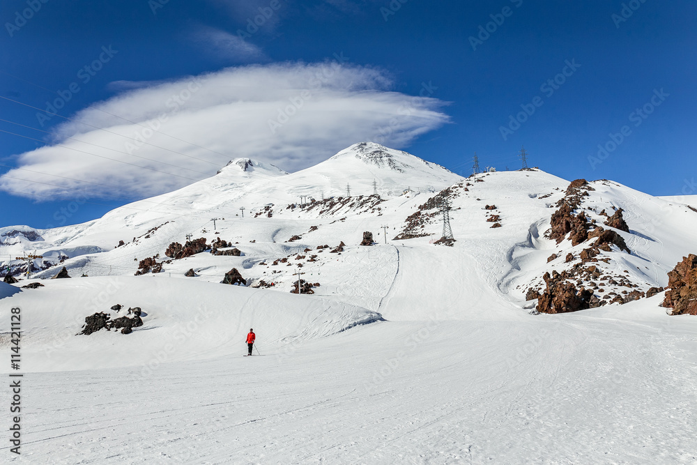 panorama of Mount Elbrus and the Main Caucasian ridge winter in sunny weather