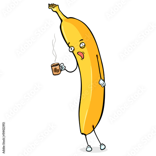 Vector Cartoon Character - Sleepy Banana with Cup of Coffee