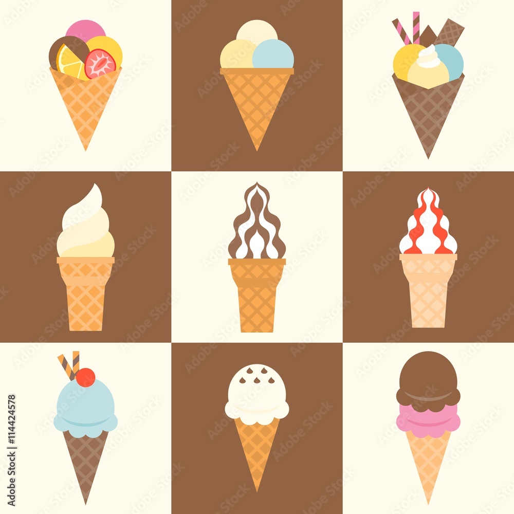 set of ice cream cone and topping, soft serve ice cream icon, flat design set of ice cream cone and topping, soft serve ice cream icon, flat design