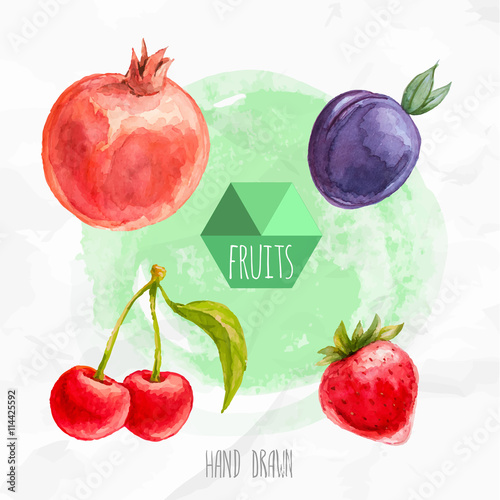 Watercolor hand painted fruit set. Eco food illustration. Watercolor green background.Cherries, strawberry, pomegranate and plum. Summer fruits.