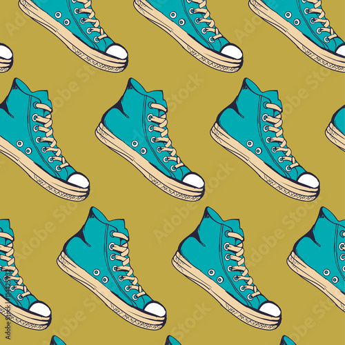 The vector illustration hand drawn sketch turquoise sneakers pattern for design