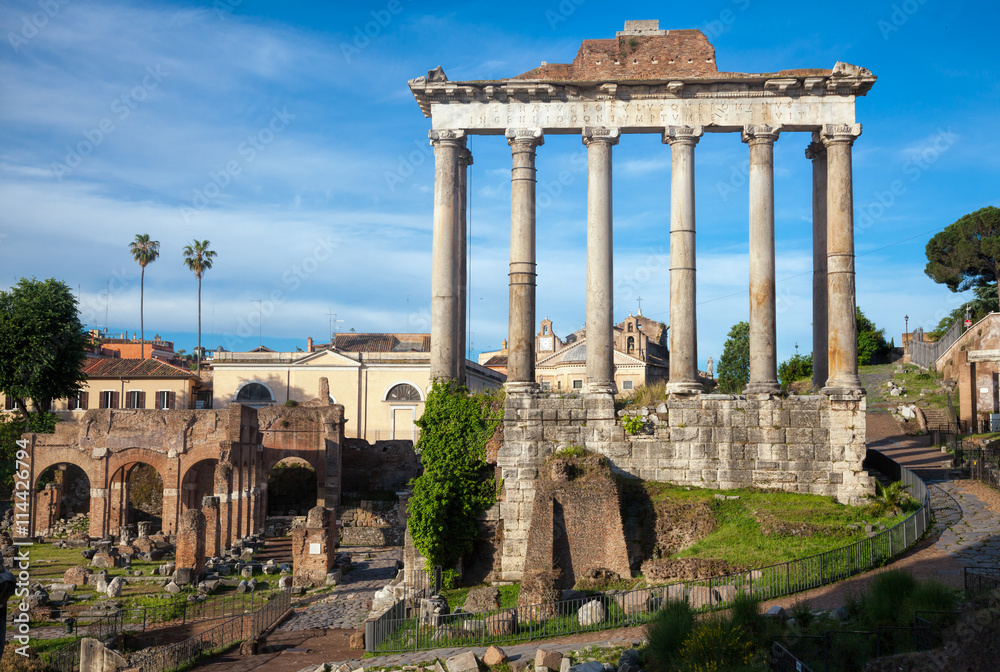 Temple of Saturn in  Roman Forum Rome Italy