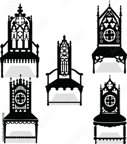 Gothic style chairs set with ornaments. Vector sketch