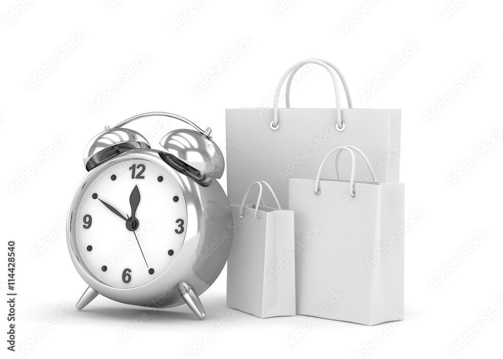 alarm clock and shopping bag (time to buy concept). 3d rendering. alarm clock and shopping bag (time to buy concept). 3d rendering.