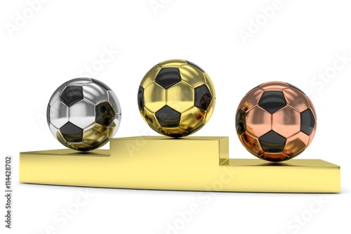 Fototapeta Naklejka Na Ścianę i Meble -  Three gloss soccer balls on golden pedestal. 3D rendering.