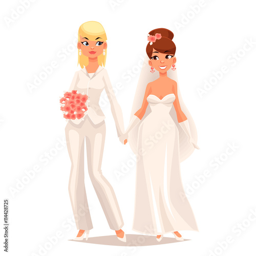 wedding of two lesbians girls vector cartoon comic illustration isolated on a white background, a couple of girls gay, wedding ceremony lesbians, marriage girls in white dresses with a bouquet