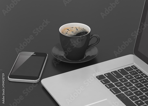 Laptop smartphone and coffee cup on black. 3d rendering.