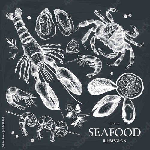 Vector Seafood set. Hand drawn sea food sketch collection - fresh fish, lobster, crab, oyster, mussel, shrimps and spice. Vintage fish dishes illustration. Seafood menu on chalkboard