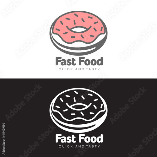 logo sweet donut with icing, vector simple illustration isolated on white background, logo design confectionery, sweet donut with pink frosting and chocolate chips, fast food sweets design firm