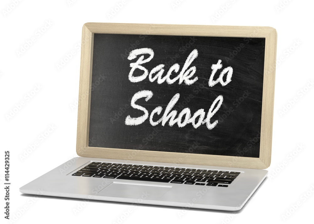 Laptop with chalkboard, back to school, online education concept. 3d rendering. Laptop with chalkboard, back to school, online education concept. 3d rendering.