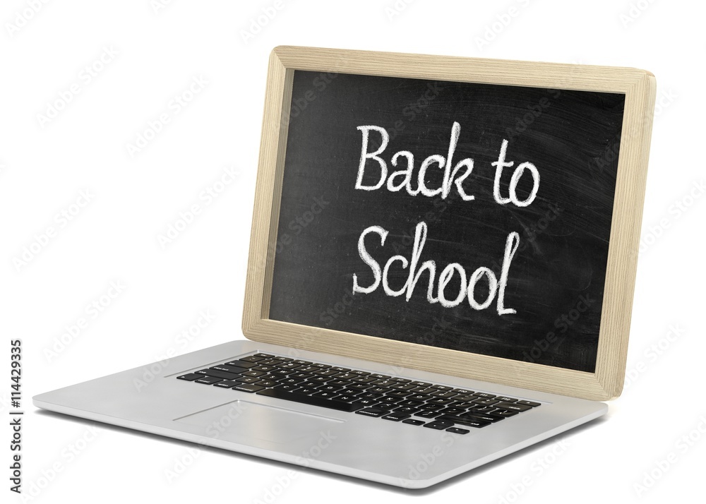 Laptop with chalkboard, back to school, online education concept. 3d rendering. Laptop with chalkboard, back to school, online education concept. 3d rendering.