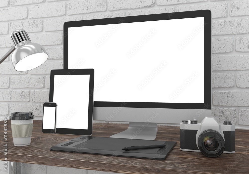 Fototapeta premium Responsive mockup screen. Monitor, tablet, phone on table in office. 3d rendering.