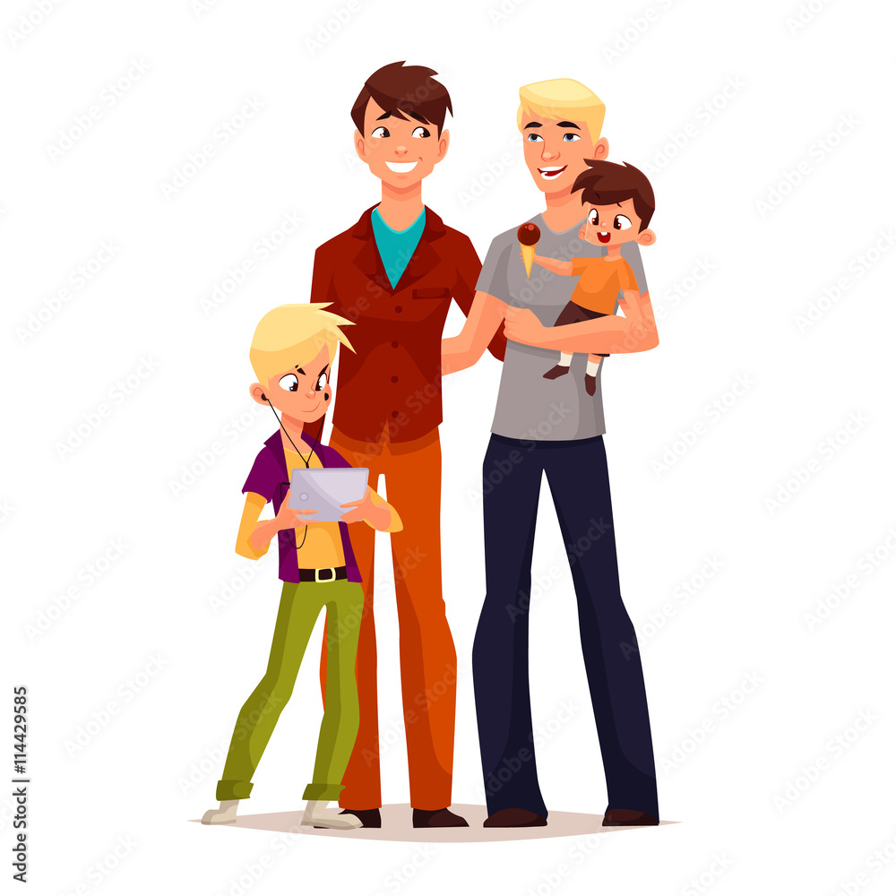 family gay men with children, vector illustration comic cartoon isolated on  a white background, gay couple