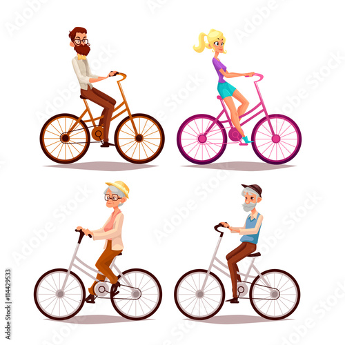 set of people ride a bicycle, vector cartoon comic illustration isolated on a white background, an old man with a beard and a woman on a bike ride, a young couple boy and girl ride a bicycle