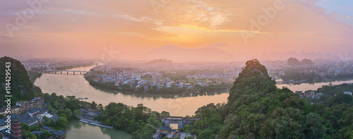 Landscape of Guilin, Li River and Karst mountains. Located near Yangshuo County, Guangxi Province, China