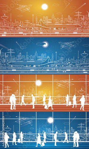 Airport terminal, airport panorama set, aircraft on runway, airplane takeoff, people expect flight, city infrastructure on background, vector design art