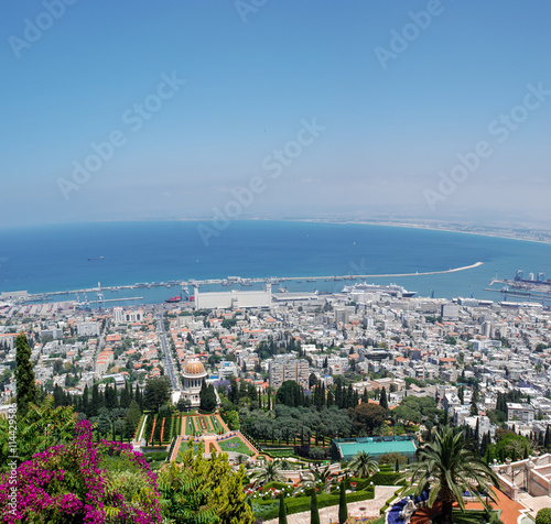 Panoramic view of Bahai temple and Haifa bay, Israel