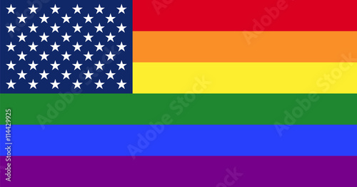 Gay America. LGBT pride flag with star field from US Flag. Gay pride flag, consisting of six rainbow colored stripes. Star field from the Flag of the United States with fifty stars on blue rectangle.