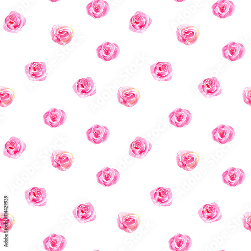 Roses flowers seamless pattern.Pink floral on a white background.Watercolor hand drawn illustration.