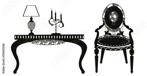 Vintage Classic Style furniture set. Armchair, table, lamp. Vector sketch