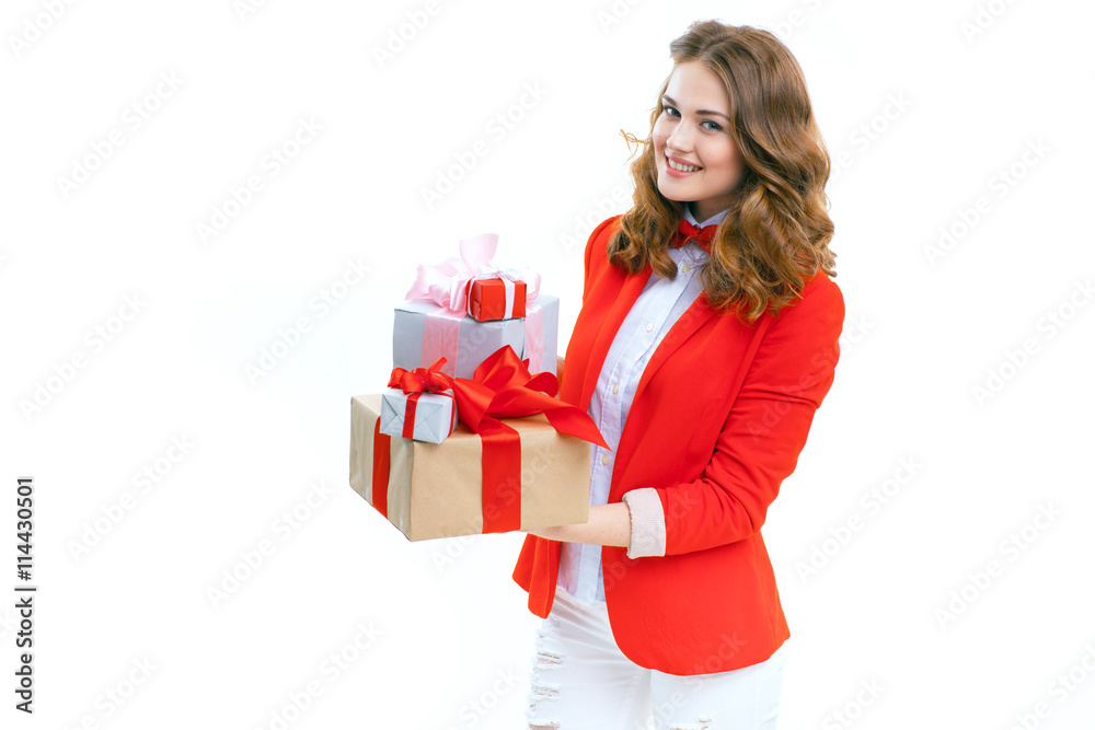 Joyful woman holding a box with gift Joyful woman holding a box with gift