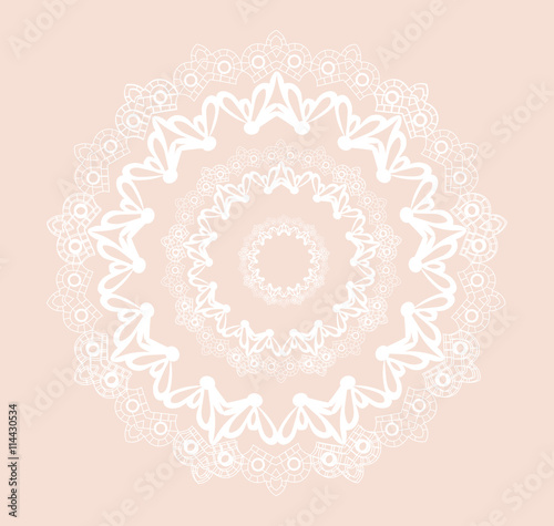 Vector round ornamental lace crochet with floral elements. Elegant lacy feather decoration, greeting card, wedding invitation or announcement, template