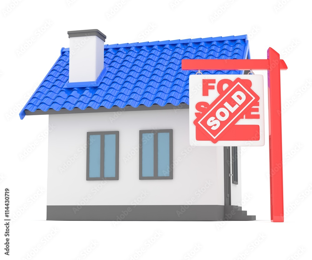 Isolated model of house with sign for sale sold. Concept of real estate, new apartment and moving to a new house. 3D rendering. Isolated model of house with sign for sale sold. Concept of real estate, new apartment and moving to a new house. 3D rendering.