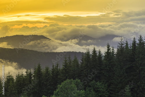 Beautiful sunset in the valley. Dramatic scenery. Carpathian, Ukraine, Europe. Beauty world.