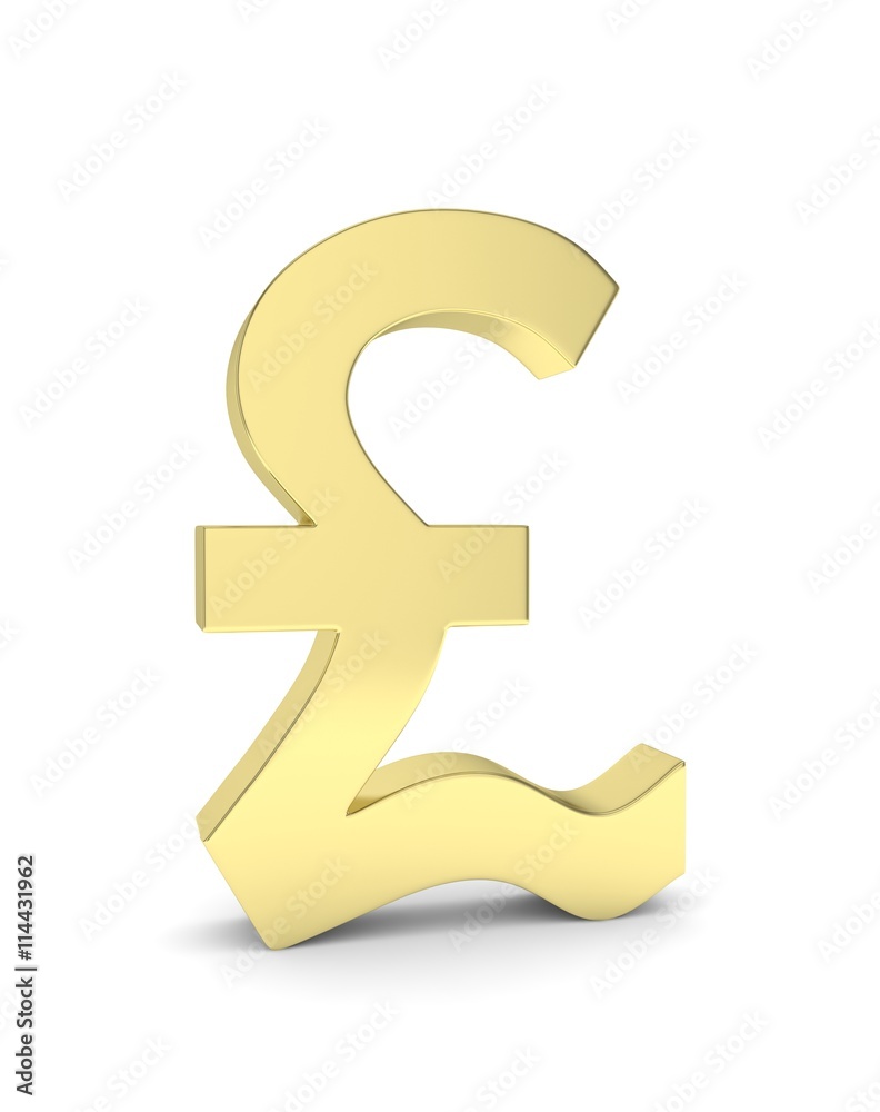 Isolated golden pound sign on white background. British currency. Concept of investment, european market, savings. Power, luxury and wealth. Great Britain, Nothern Ireland. 3D rendering.