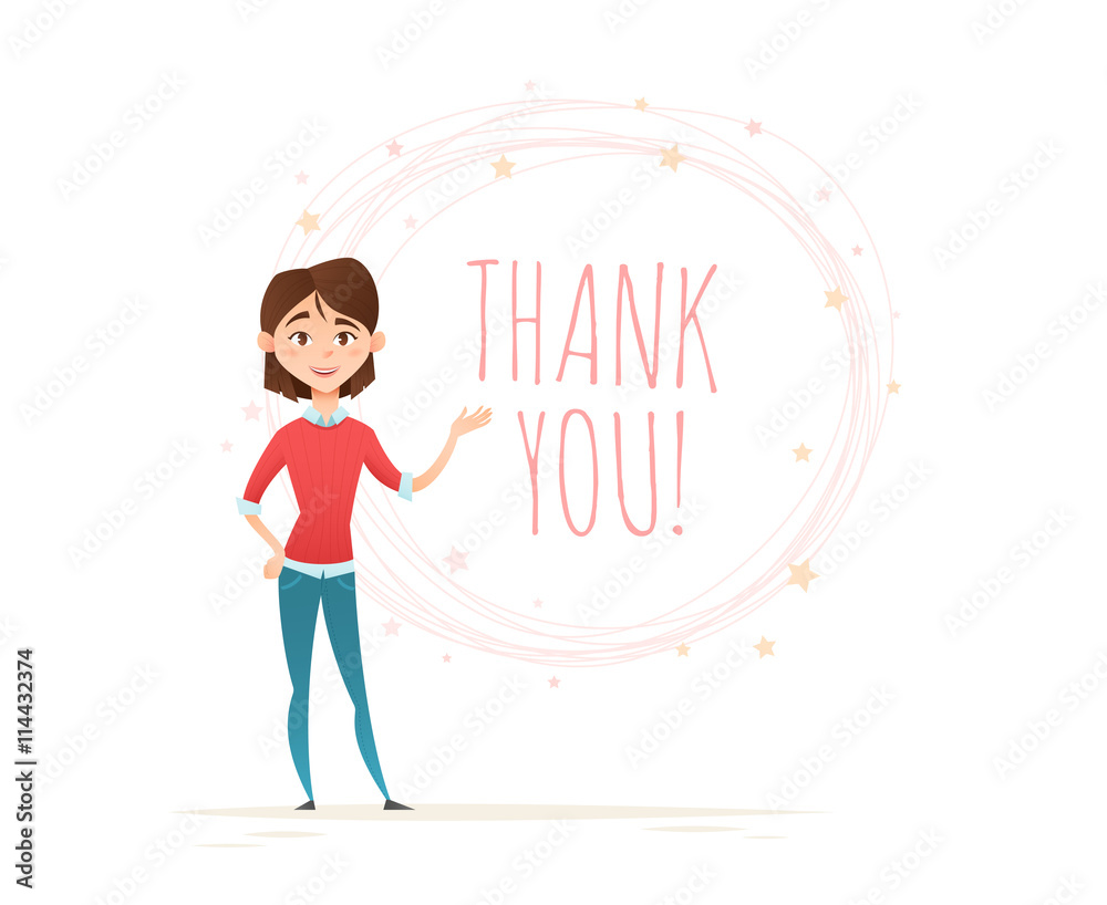 Young woman character in hipster-style clothes with thank you message. Isolated on white background. Young woman character in hipster-style clothes with thank you message. Isolated on white background.