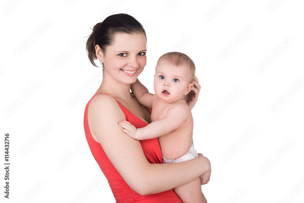 smiling young mother holding her cute baby child isolated on white. happy family concept smiling young mother holding her cute baby child isolated on white. happy family concept