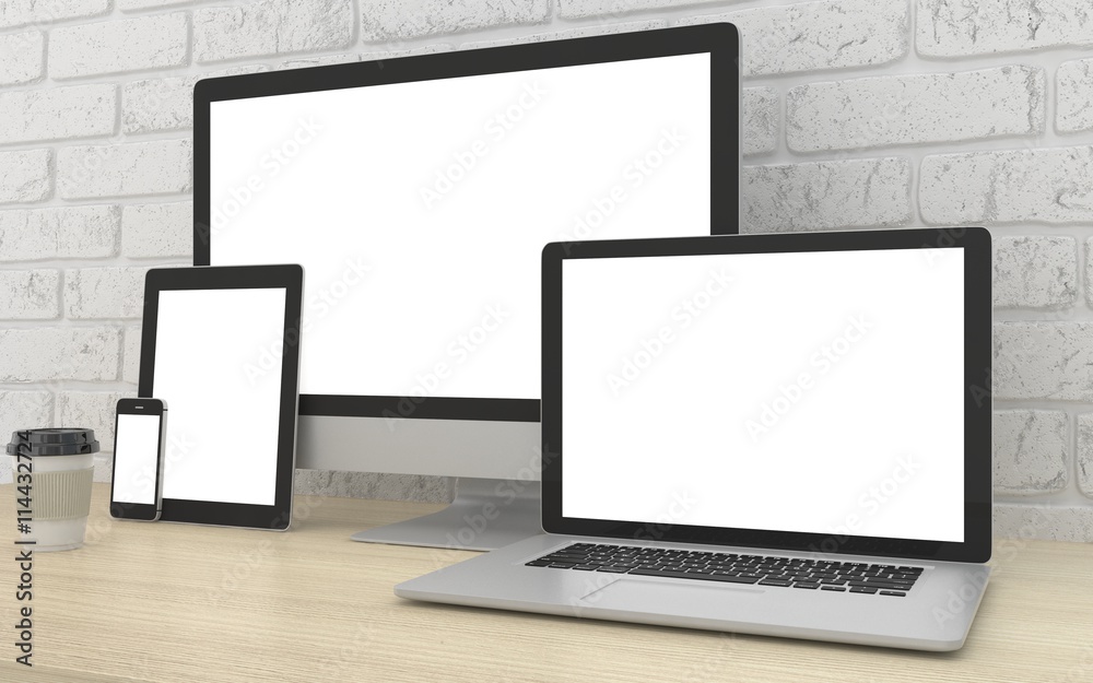 Responsive mockup screen. Monitor, laptop, tablet, phone on table in office. 3d rendering. Responsive mockup screen. Monitor, laptop, tablet, phone on table in office. 3d rendering.