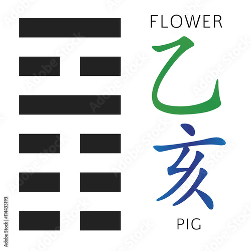 Symbol of i ching hexagram from chinese hieroglyphs. Translation of 12 zodiac feng shui signs hieroglyphs