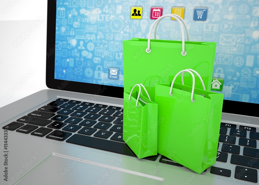 laptop and shopping pags on white background. 3d rendering. laptop and shopping pags on white background. 3d rendering.