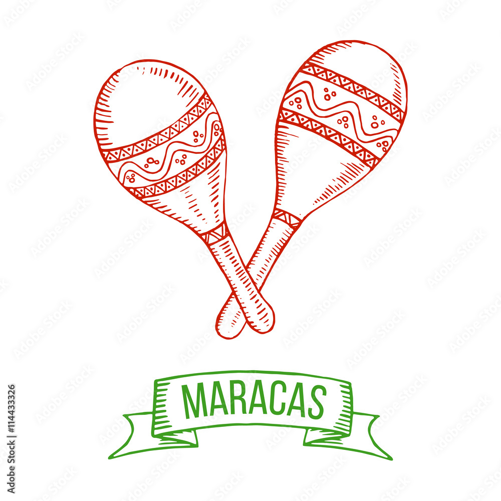 Hand drawing maracas. Symbol of Mexico, musical instrument isolated on white background. Vector