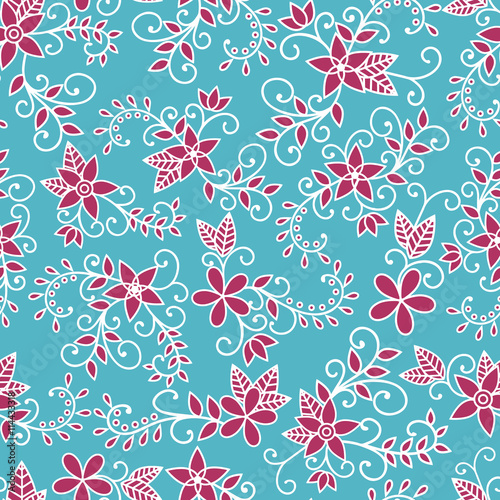 Vintage seamless floral pattern. Flowers, swirls, leaves on a blue background. Vector