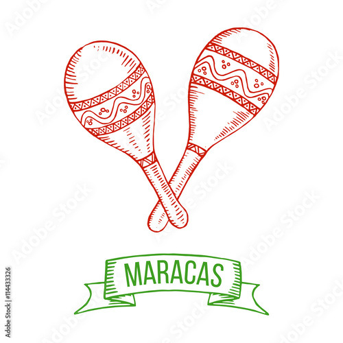 Hand drawing maracas. Symbol of Mexico, musical instrument isolated on white background. Vector.