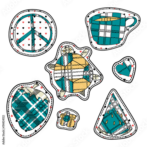 happy colorful stickers and embroidery patches collection vintage style. Pin trendy label patch sticker strawberry, flower, heart, coffee cup, pacific sign, turtle, watermelon vector