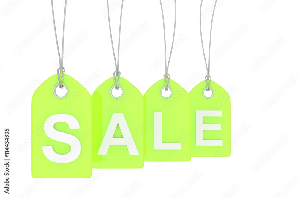 Green isolated sale labels on white background. Price tags. Special offer and promotion. Store discount. Shopping time. 3D rendering.