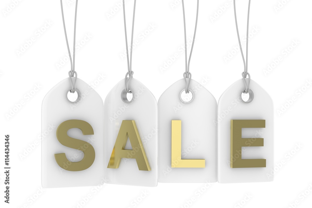 Colorful isolated sale labels on white background. Price tags. Special offer and promotion. Store discount. Shopping time. Golden letters on white labels. 3D rendering. Colorful isolated sale labels on white background. Price tags. Special offer and promotion. Store discount. Shopping time. Golden letters on white labels. 3D rendering.