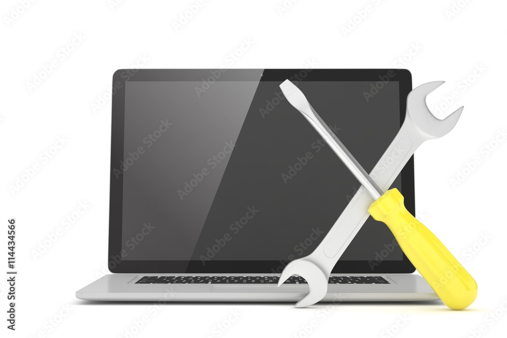 3D Illustration Wrench and screwdriver on laptop, service concept 3D Illustration Wrench and screwdriver on laptop, service concept