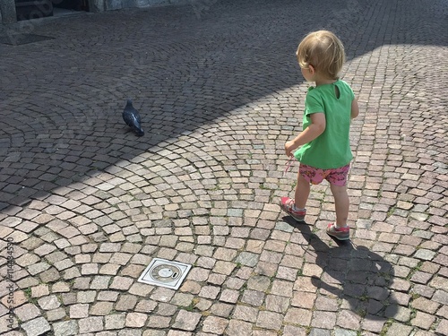 bambina tenta di prendere un colombo photo