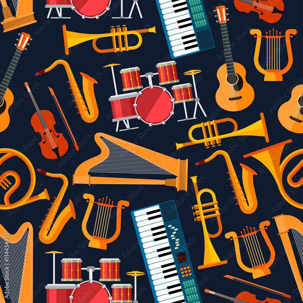 Fototapeta premium Seamless flat musical instruments pattern