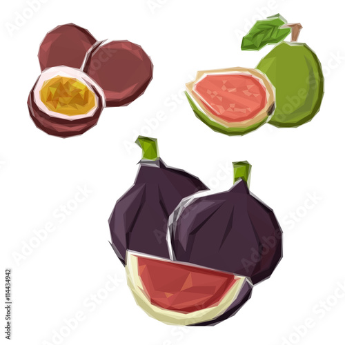 Low poly figs, guava and maracuja fruits