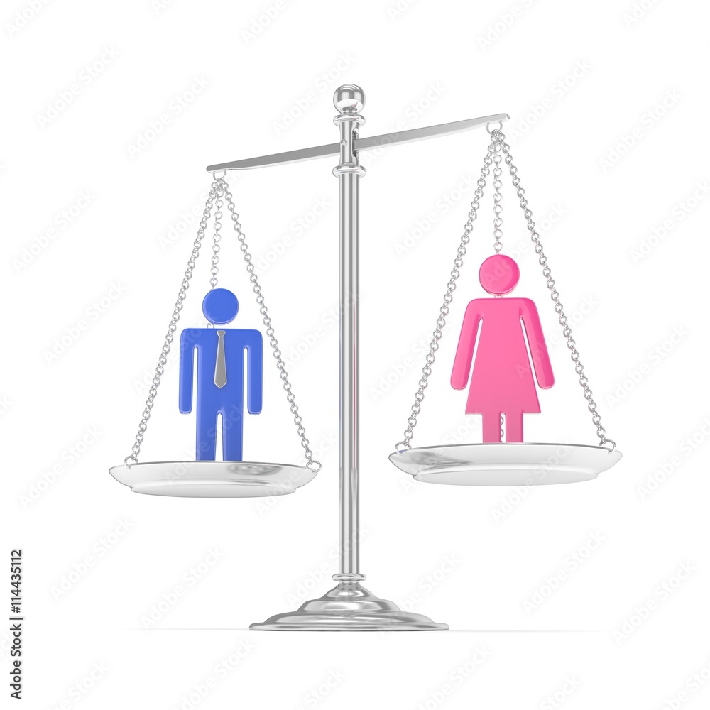 Isolated old fashioned pan scale with man and woman on white background. Gender inequality. Equality of sexes. Law issues. Colorful model. 3D rendering. Isolated old fashioned pan scale with man and woman on white background. Gender inequality. Equality of sexes. Law issues. Colorful model. 3D rendering.