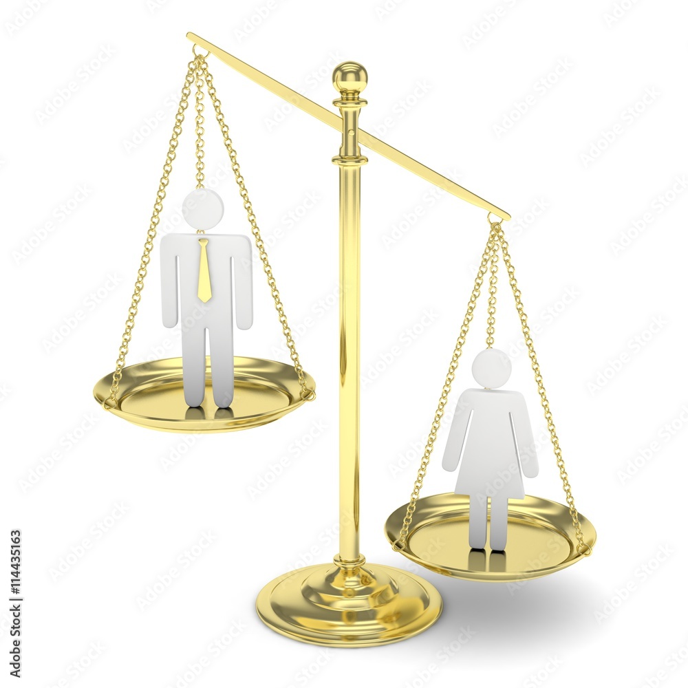 Isolated old fashioned pan scale with man and woman on white background. Gender inequality. Female is heavier. Law issues. Silver model. 3D rendering. Isolated old fashioned pan scale with man and woman on white background. Gender inequality. Female is heavier. Law issues. Silver model. 3D rendering.