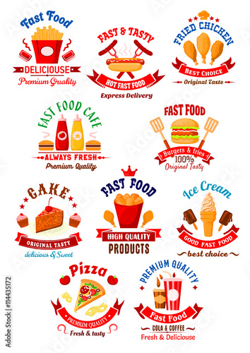 Fast food cafe, coffee house and bakery shop icons