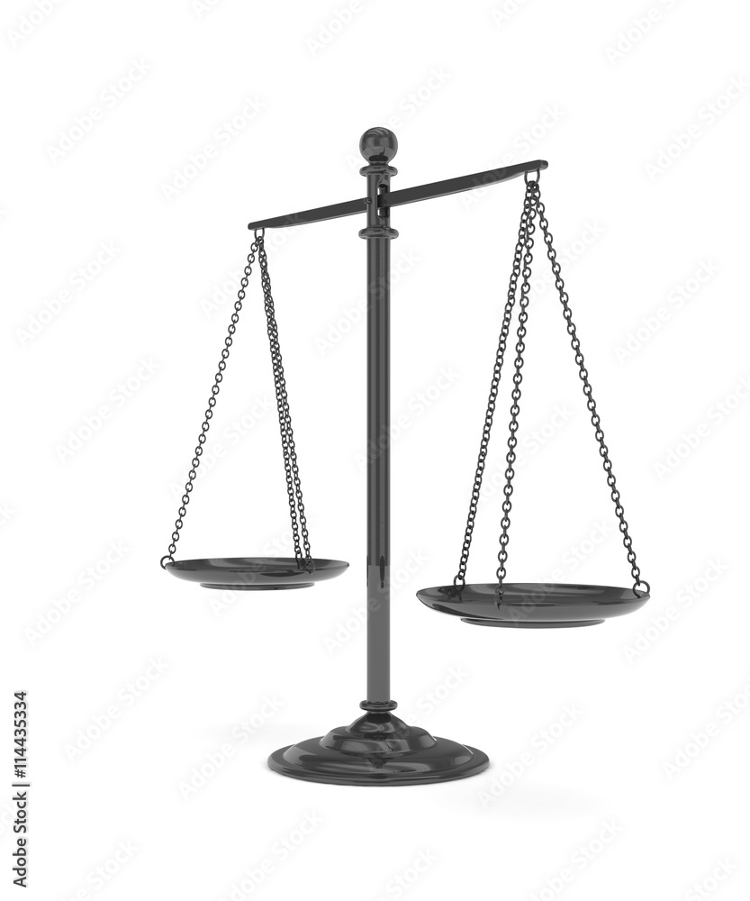 Isolated black scales on white background. Symbol of judgement. Law, measurement, liberty in one concept. 3D rendering. Isolated black scales on white background. Symbol of judgement. Law, measurement, liberty in one concept. 3D rendering.