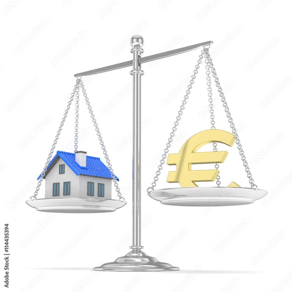 Isolated silver scales with golden euro and house on white background. Investment or savings concept. Real estate and currency. 3D rendering. Isolated silver scales with golden euro and house on white background. Investment or savings concept. Real estate and currency. 3D rendering.